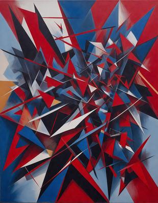 The primary subject of the image is a large, colorful painting featuring a mix of red, blue, and white colors. The painting is a modern art piece, showcasing a variety of shapes and patterns. The setting is a gallery or exhibition space, where the painting is displayed for viewers to appreciate. The visual style of the painting is a combination of digital art and traditional illustration, creating a unique and captivating piece of art. The colors and mood of the painting evoke a sense of energy and creativity, making